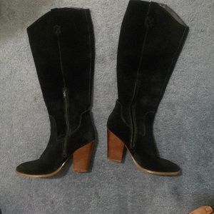 High heeled black boots, suede, size 7.5